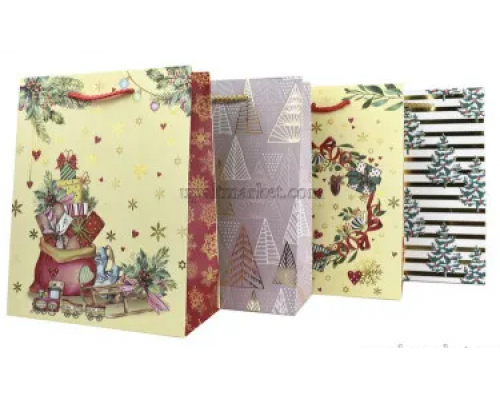 Пакет подарочный бумажный 31*42*12 НГ ЛЮКС с золотым тиснением микс