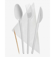 Набор белых приборов (вилка, ложка, нож, салфетка, зубочистка)
