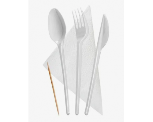 Набор белых приборов (вилка, ложка, нож, салфетка, зубочистка)