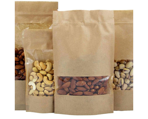 Пакет дой-пак 250*160 бумажный крафт окно 70мм с застежкой зип лок (уп50)