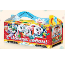 Коробка НГ Зайчики в трамвайчике 230х100х100 700гр (уп250)