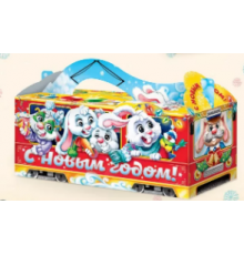 Коробка НГ Зайчики в трамвайчике 230х100х100 700гр (уп250)