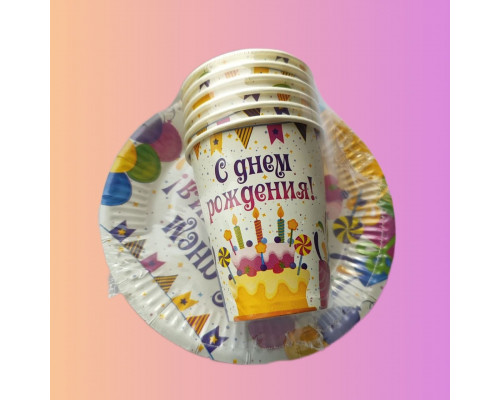Набор посуды "С днем рождения "Торт" (стакан 250мл 6шт+тарелка 230мм 6шт)